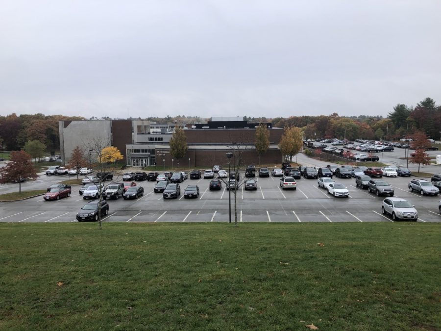 The RMHS main parking lot, usually full on a school day, has plenty of open spaces during hybrid learning.