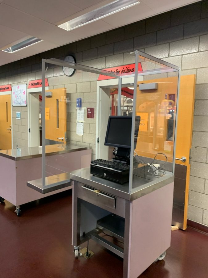 Since last year, payment stations in the cafeteria have been outfitted with breah shields to limit the spread of Covid.