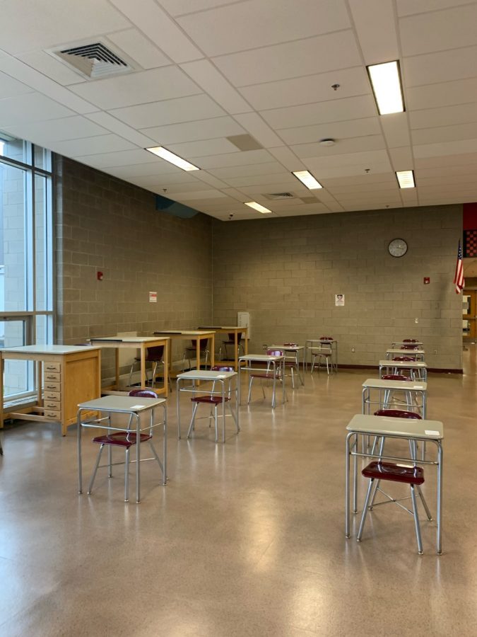 RMHS+cafeteria+set+up+with+student+desks.
