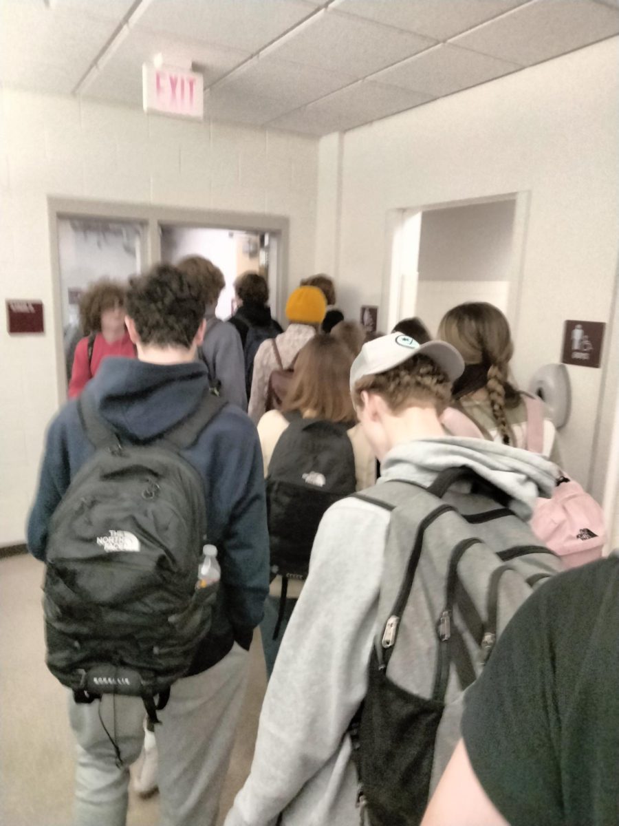 Stairway 5 is commonly backed up with student traffic between classes.