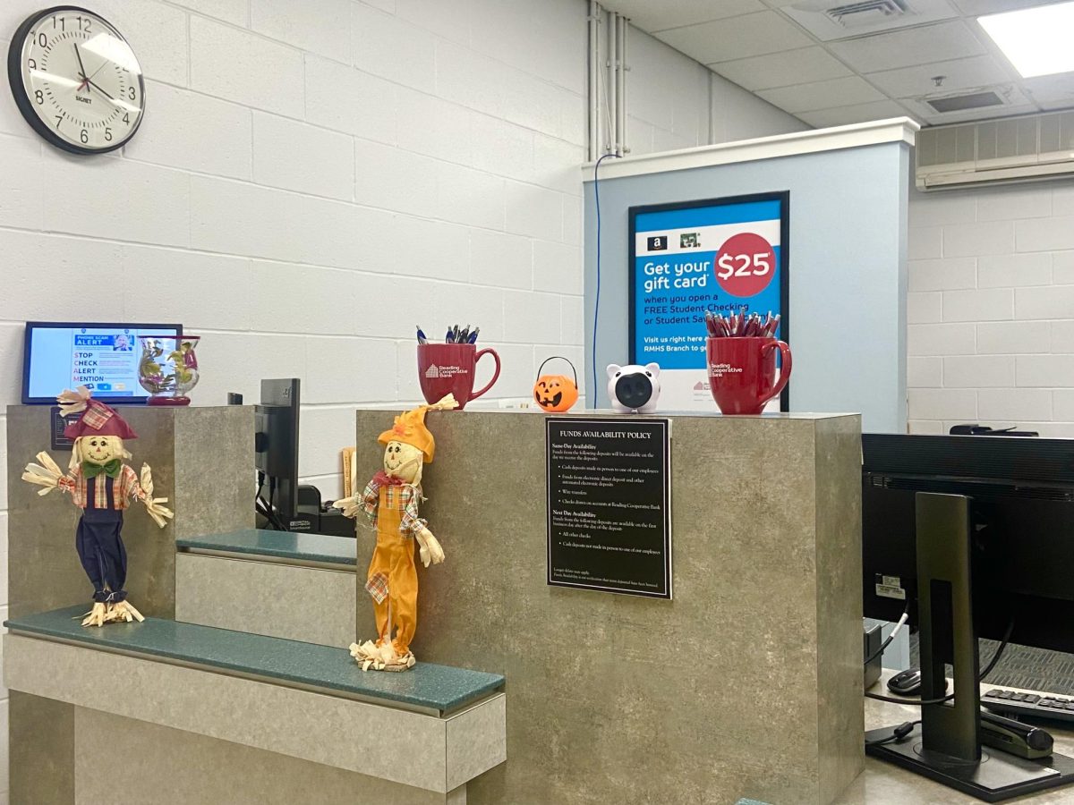 The tellers station at the RMHS branch of the Reading Cooperative Bank is ready for the fall season.