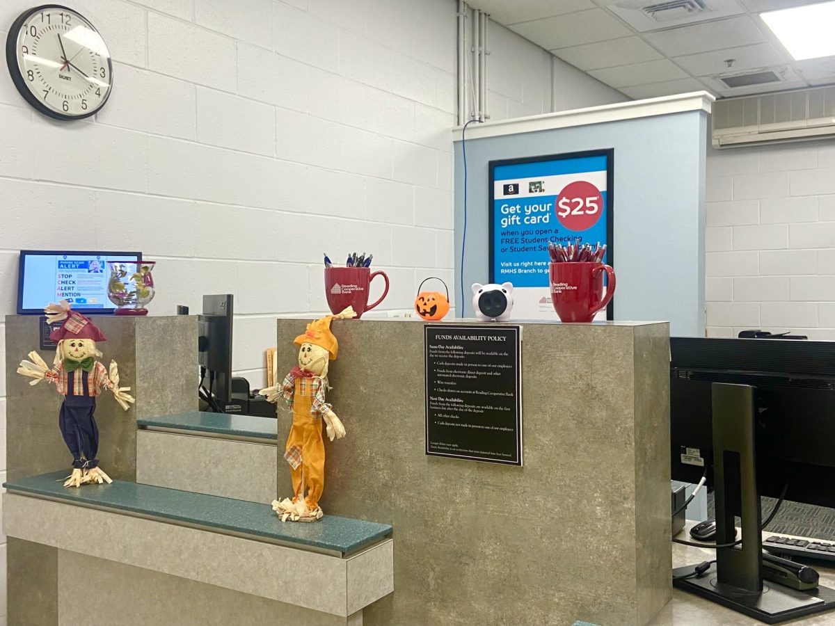 The teller's station at the RMHS branch of the Reading Cooperative Bank is ready for the fall season.